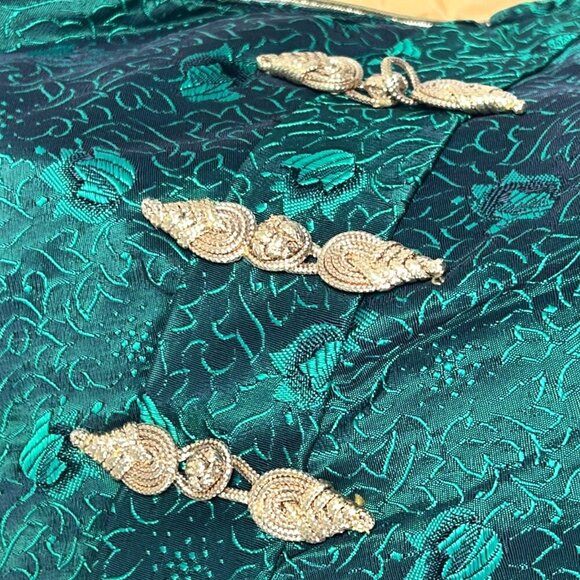 Asian Cheongsam Dress Green Gold Sz M Zip Closure Fully Lined Vintage - Picture 3 of 7